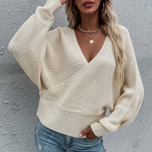 Cream Surplice Chunky Knit Cozy Sweater Top - Picture 2 of 4